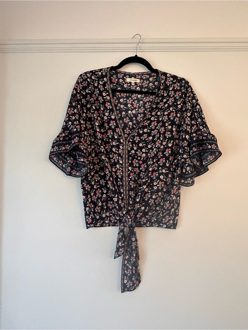 Max Studio Navy Floral Tie-Front Blouse